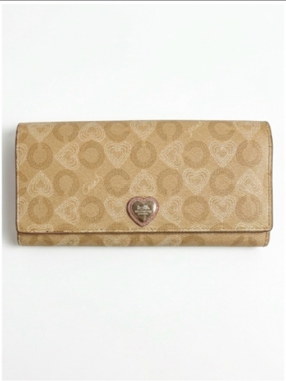 Coach Beige Heart Print Continental Wallet with Rose Gold Emblem - Picture 1 of 7
